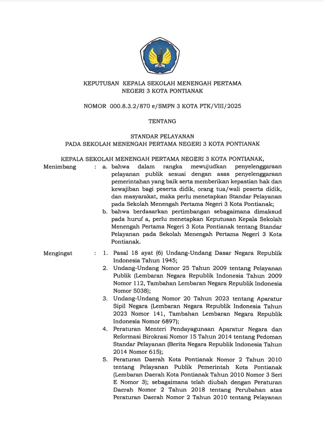 STANDAR PELAYANAN SMP NEGERI 3 KOTA PONTIANAK